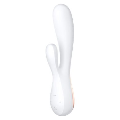 Vibrátor Satisfyer Mono Flex White s motivem zajíčka a možností použití v aplikaci